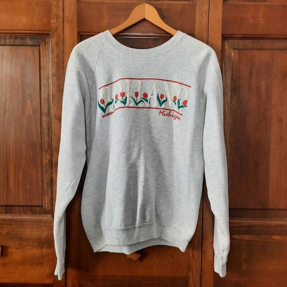 Vintage 1991 Holland Michigan tulips 3D spellout graphic gray raglan crewneck - Picture 1 of 13